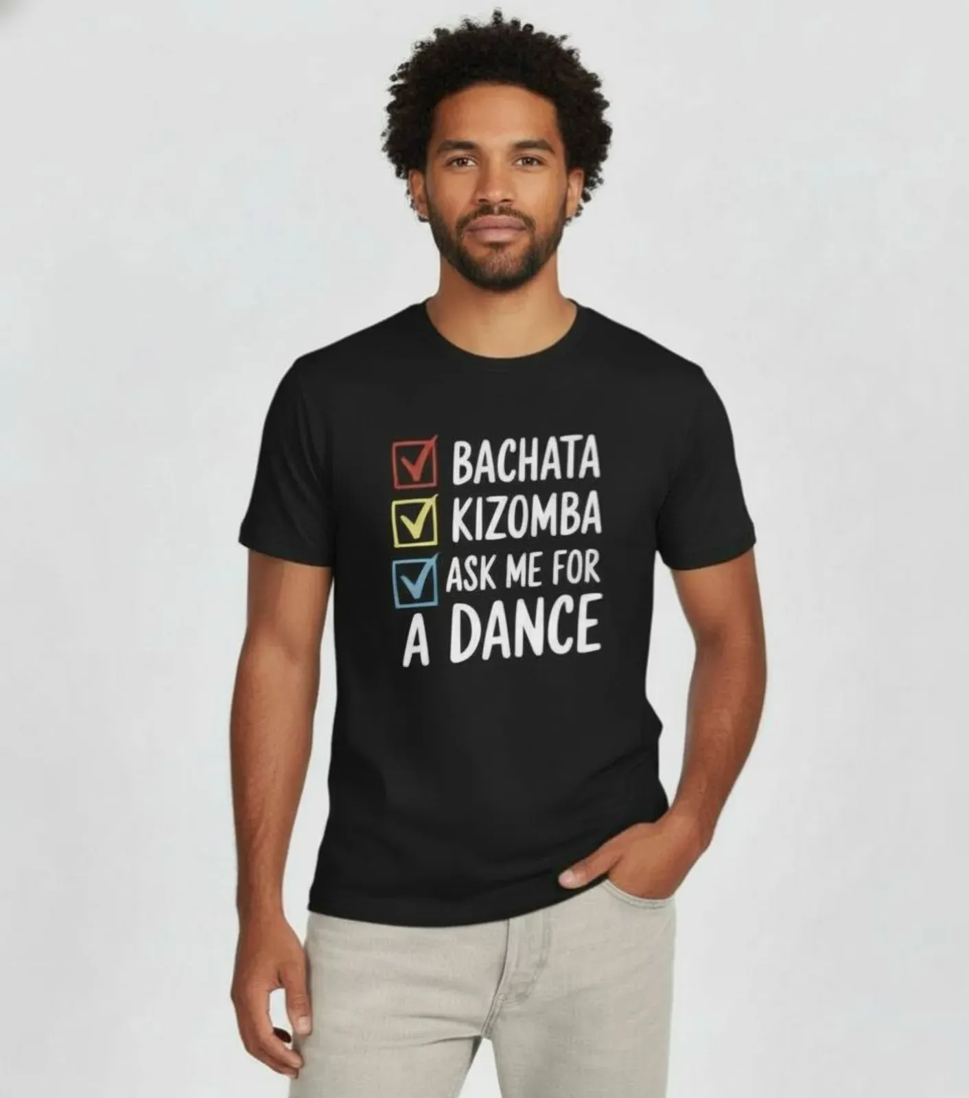 Playera negra con la lista Bachata, Kizomba y Ask me for a dance, con casillas marcadas